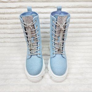 Rowan Denim Combat Ankle Boots Iridescent Rhinestone Tongue and Rope Laces
